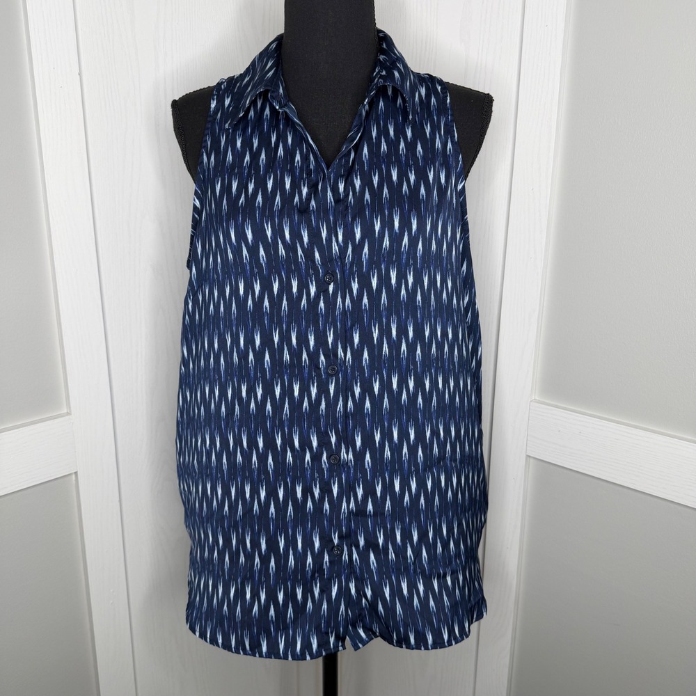 Banana Republic Sleeveless Button Down Women Large Navy Ikat Relaxed Fit Blouse